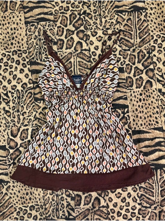 twik Tops - twik Brown Multi-Color Retro Geometric Spaghetti Strap Top